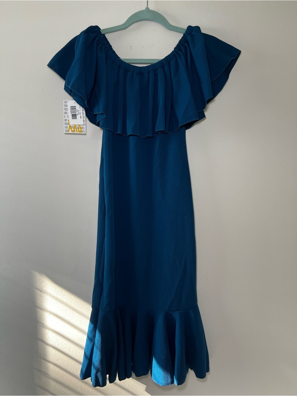LuLaRoe Cici Blue Off-Shoulder Ruffle Midi Dress